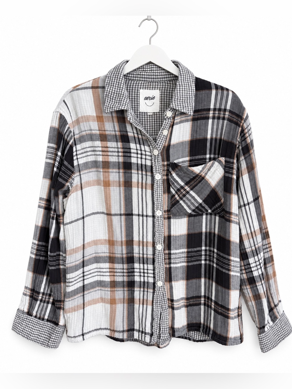 Aerie Oversized Plaid Flannel Button-Down Shirt Brown Gray Size XS